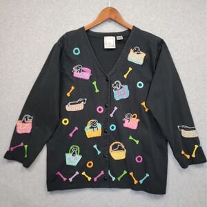 Vintage MICHAEL SIMON Lite Novelty Dog Knit Black Cardigan Sweater XL Embroidery